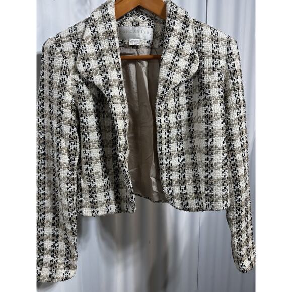 Doncaster 100% Silk Tweed Cropped Blazer Neutral Plaid Jacket Business Size Sm. - Picture 5 of 8